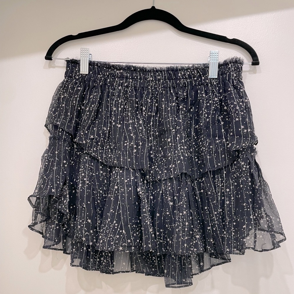 LoveShackFancy tiered ruffle navy mini skirt with‎ star print sz L